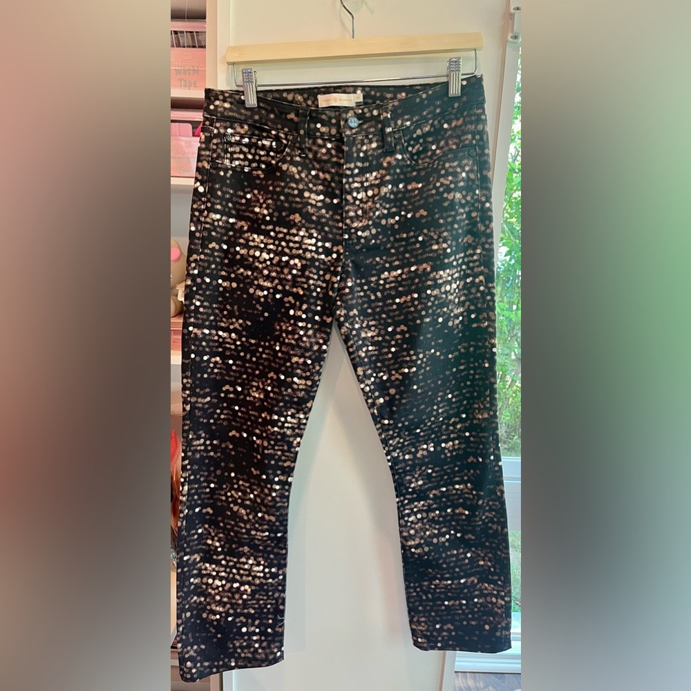 Tory Burch EUC Speckled Print Straight Leg Jeans Black Multi 29